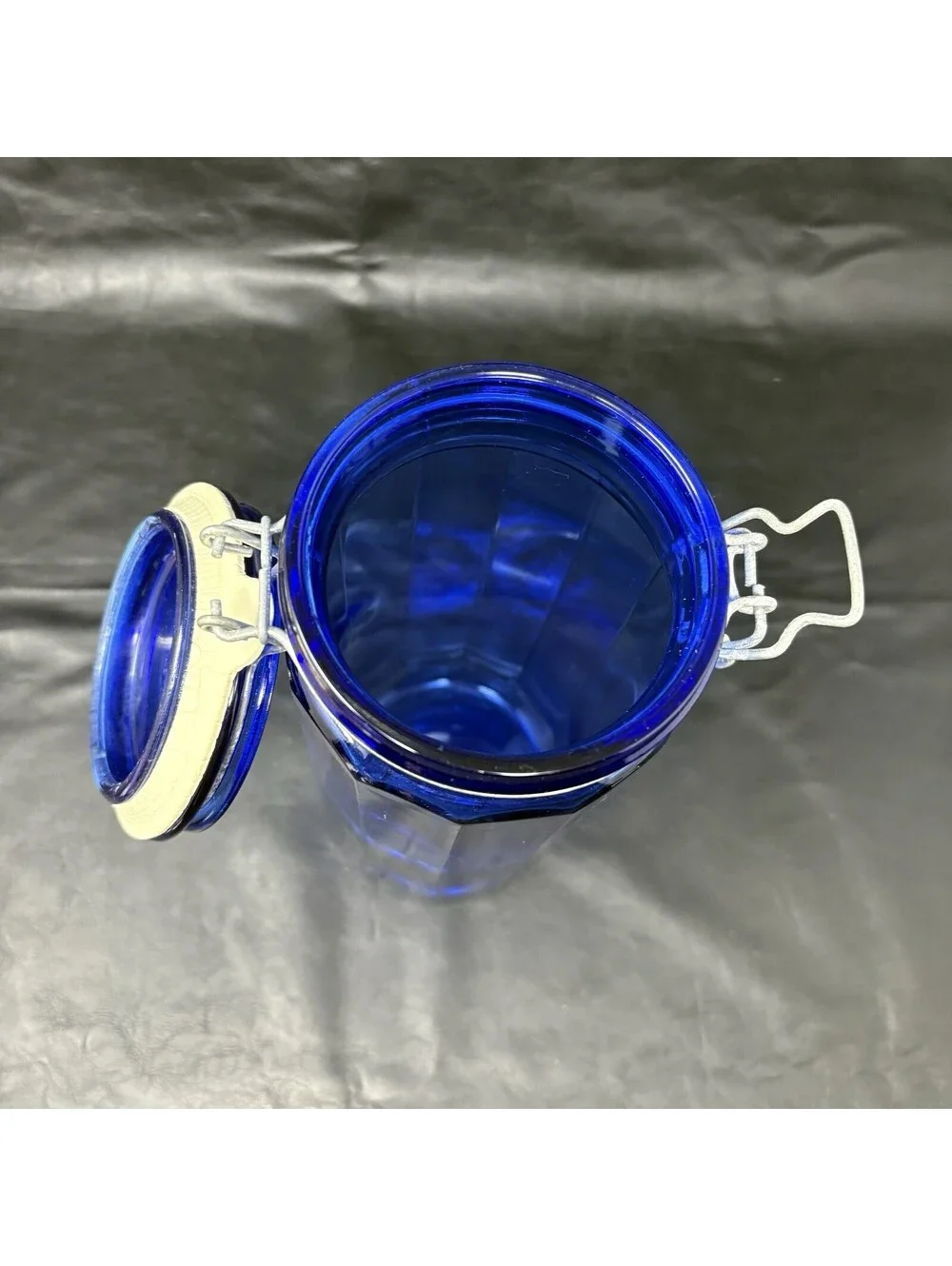 Cobalt Blue Jar Glass Storage Holder With Attached Wire Locking Lid 10” Tall